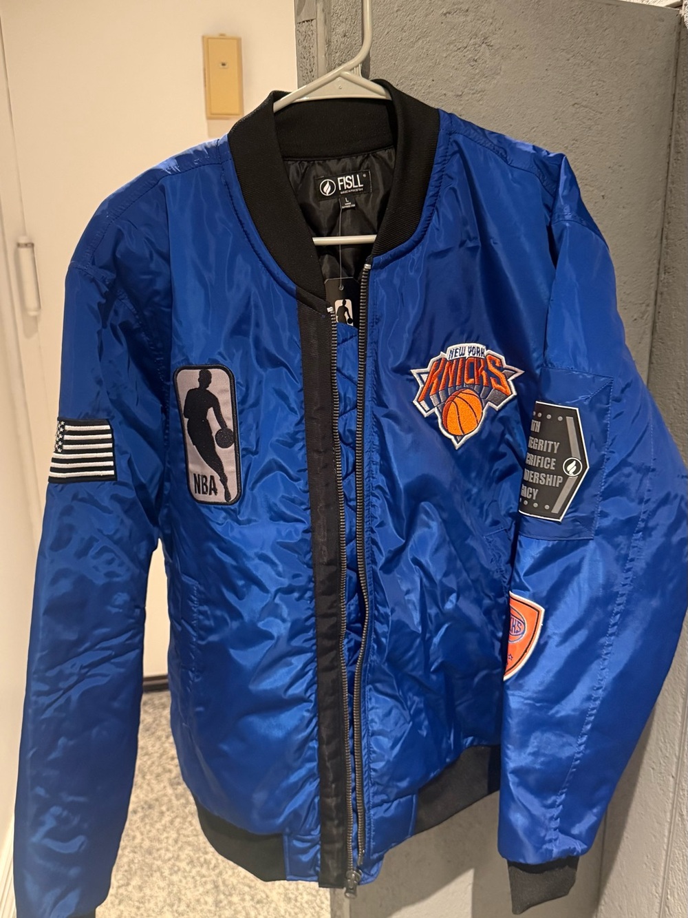 Knicks limited edition Royal Blue Puffer Bomber Jacket with Team Patches